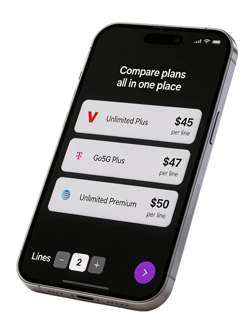 Compare wireless plans from Verizon, T-Mobile, and AT&T side by side